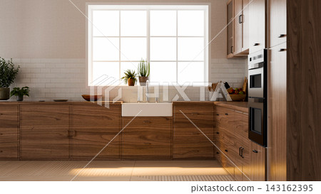 3D Illustration of Modern Scandinavian Kitchen Interior with Wooden Cabinets and Farmhouse Sink 143162395