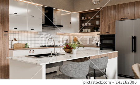 3D Illustration of Modern Kitchen Interior with Wood Cabinets, Marble Island, and White Tile Backsplash 3D Illustration of Modern Kitchen Interior with Wood Cabinets, Marble Island, and White Tile Backsplash 143162396