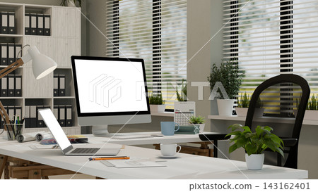 3D Illustration of Modern Home Office Workspace with Desktop Computer and Laptop on White Desk 3D Illustration of Modern Home Office Workspace with Desktop Computer and Laptop on White Desk 143162401