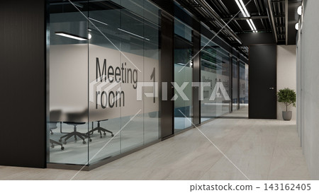 3D Illustration of Modern Business Meeting Room with Glass Walls and Corridor in Contemporary Office 3D Illustration of Modern Business Meeting Room with Glass Walls and Corridor in Contemporary Office 143162405