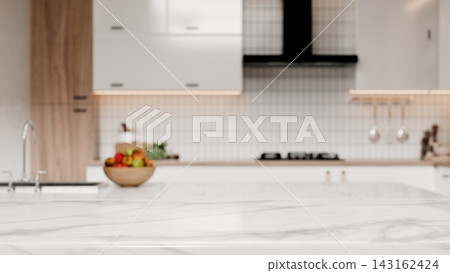 3D Illustration of Modern Kitchen Interior with Marble Countertop and Blurred Background for Product Display 3D Illustration of Modern Kitchen Interior with Marble Countertop and Blurred Background for Product Display 143162424