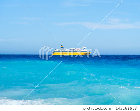 Ferry boat sailing on azure sea water with waves. Ferry boat sailing on azure sea water with waves. 143162618