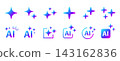 A set of 12 vector icons featuring AI (artificial intelligence) and a sparkling blue-violet gradient. 143162836
