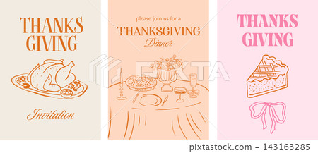 Whimsical Happy Thanksgiving vintage greeting card collection with turkey, dinner table and pumpkin 143163285