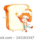 A hand-drawn illustration of a girl drawing on a large loaf of bread. 143163347
