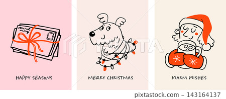 Whimsical Christmas greeting card collection with holiday mail, cute dog and cozy Santa character Whimsical Christmas greeting card collection with holiday mail, cute dog and cozy Santa character 143164137