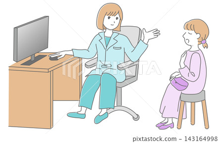 插圖描繪了一位中年婦女在諮詢女醫師有關更年期症狀後感到如釋重負的情景。 插圖描繪了一位中年婦女在諮詢女醫師有關更年期症狀後感到如釋重負的情景。 143164998