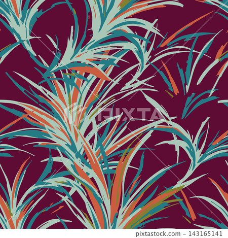 Stylized tropical foliage pattern with flowing brushstroke leaves in teal, coral, mint, and olive over rich plum background, creating bold rhythmic contrast for wrapping, fabric, and art projects. 143165141