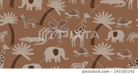 Seamless wildlife pattern with giraffe, zebra, elephant, crocodile, turtle and palm trees in warm brown and beige tones, handdrawn style for nursery textiles, wallpaper. Seamless wildlife pattern with giraffe, zebra, elephant, crocodile, turtle and palm trees in warm brown and beige tones, handdrawn style for nursery textiles, wallpaper. 143165142