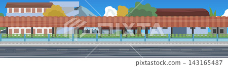 Horizontal view of empty asphalt road. Urban roadside landscape backdrop featuring buildings of school. Covered walkway and a highway road. Background of mountain under a blue sky and white clouds. Horizontal view of empty asphalt road. Urban roadside landscape backdrop featuring buildings of school. Covered walkway and a highway road. Background of mountain under a blue sky and white clouds. 143165487