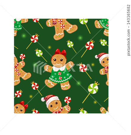 A cute, seamless winter holiday pattern featuring a smiling gingerbread man in a Santa hat and a gingerbread girl in a green dress, accented with candy canes, candies, and magical sparkles A cute, seamless winter holiday pattern featuring a smiling gingerbread man in a Santa hat and a gingerbread girl in a green dress, accented with candy canes, candies, and magical sparkles 143165682