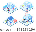 Isometric illustrations of hospitals, schools, factories, and transportation facilities. 143166190
