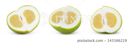 Sweetie grapefruit fruit slices isolated. Cut in a half of sweetie, pomelo, pomelit or oroblanco citrus fruit isol set, collection. Sweetie grapefruit fruit slices isolated. Cut in a half of sweetie, pomelo, pomelit or oroblanco citrus fruit isol set, collection. 143166229