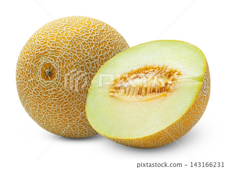 Cantaloupe melon and melon half isolated on white background isolated. Cantaloupe melon and melon half isolated on white background isolated. 143166231