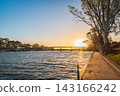 Murray River at Berri with Bookpurnong Bridge and Houseboats at Sunset, South Australia 143166242