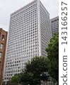 A landscape of towering skyscrapers and street trees in an office district. 143166257