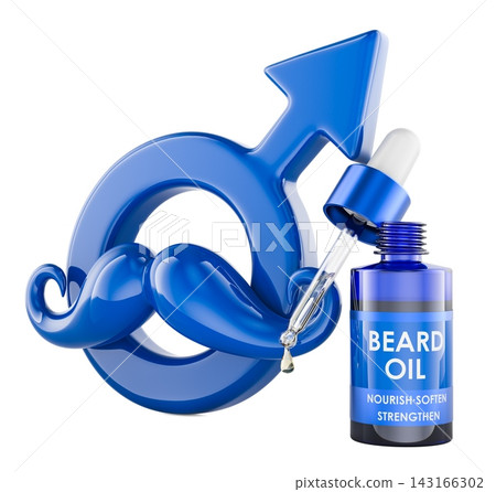 Beard oil with male symbol and mustache, male grooming concept. 3D rendering Beard oil with male symbol and mustache, male grooming concept. 3D rendering 143166302