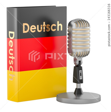 German language textbook with microphone, learning and speaking practice concept. 3D rendering German language textbook with microphone, learning and speaking practice concept. 3D rendering 143166316