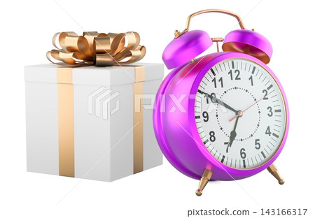 Gift box and alarm clock, time limited offer and deadline concept. 3D rendering Gift box and alarm clock, time limited offer and deadline concept. 3D rendering 143166317