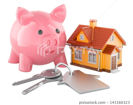 Piggy bank with house and keys, home savings and mortgage concept. 3D rendering 143166323