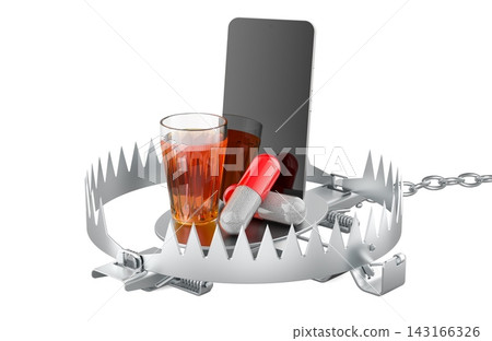 Smartphone with alcohol and pills in trap, addiction and harmful habits concept. 3D rendering 143166326