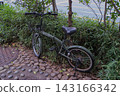 A khaki-colored folding bicycle is placed beside the trees and greenery of Hibiya Park. 143166342