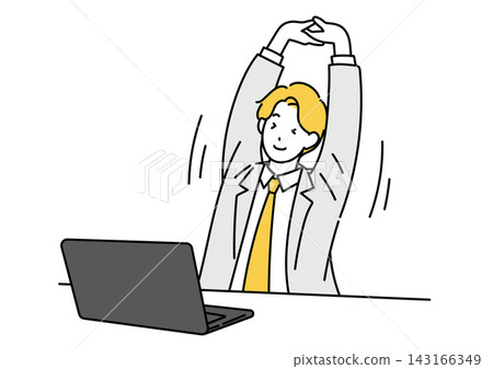 An illustration of a male office worker stretching at his desk. An illustration of a male office worker stretching at his desk. 143166349