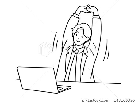 An illustration of a male office worker stretching at his desk. An illustration of a male office worker stretching at his desk. 143166350