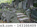 A walking path with stone steps surrounded by the dynamic stonework of Hibiya Park. 143166409