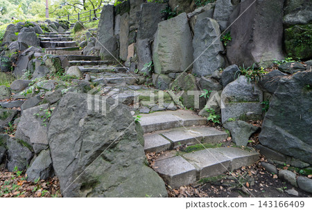 A walking path with stone steps surrounded by the dynamic stonework of Hibiya Park. A walking path with stone steps surrounded by the dynamic stonework of Hibiya Park. 143166409
