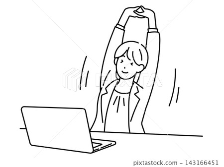 An illustration of a female office worker stretching at her desk. An illustration of a female office worker stretching at her desk. 143166451