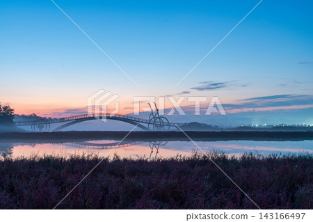 Sunrise Dawn over Misaeng Bridge with Water Reflection in Siheung Wetland, South Korea Sunrise Dawn over Misaeng Bridge with Water Reflection in Siheung Wetland, South Korea 143166497