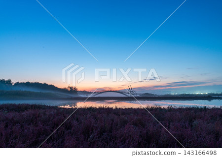 Sunrise Dawn over Misaeng Bridge with Water Reflection in Siheung Wetland, South Korea Sunrise Dawn over Misaeng Bridge with Water Reflection in Siheung Wetland, South Korea 143166498