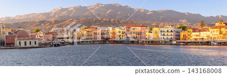 Panoramic View of Chania Old Harbor at Sunrise, Crete, Greece Panoramic View of Chania Old Harbor at Sunrise, Crete, Greece 143168008