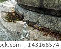 A drinking fountain in a park with water flowing from a retro-style faucet. 143168574
