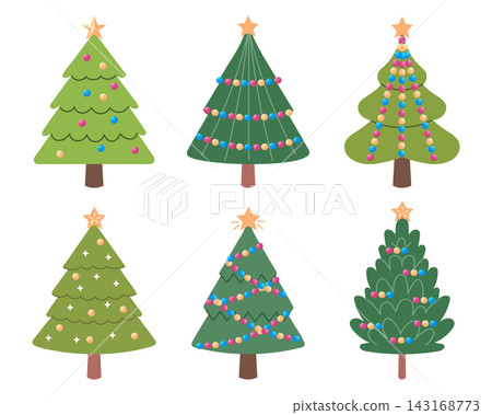Simple  cute Christmas tree set. Hand drawn New Year fir trees with decoration, stars. Holiday design for cards, banners, packaging. 143168773