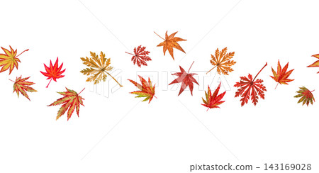 Watercolor seamless border with scattered Asian red maple leaves in warm autumn colors. Light botanical decoration for cards, invitations, stationery, banners, packaging and seasonal layouts Watercolor seamless border with scattered Asian red maple leaves in warm autumn colors. Light botanical decoration for cards, invitations, stationery, banners, packaging and seasonal layouts 143169028