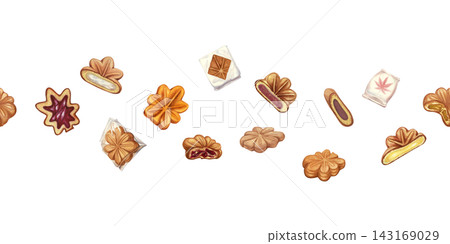 Watercolor horizontal border with maple-shaped sweets and small autumn treats. Warm seasonal food decoration for bakery packaging, cafe menus, cards, banners, labels and gift design Watercolor horizontal border with maple-shaped sweets and small autumn treats. Warm seasonal food decoration for bakery packaging, cafe menus, cards, banners, labels and gift design 143169029