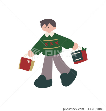 Hand-drawn vector illustration of a man doing Christmas shopping. 143169083