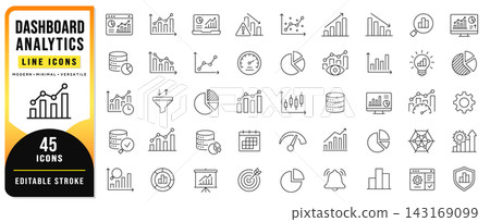 Dashboard Analytics Line Icon Set Featuring 45 Editable Stroke Vector Symbols For Data Analysis, Charts, Statistics, Business Metrics, Performance, Reports, Growth, Finance, Visualization And Digital Dashboard Analytics Line Icon Set Featuring 45 Editable Stroke Vector Symbols For Data Analysis, Charts, Statistics, Business Metrics, Performance, Reports, Growth, Finance, Visualization And Digital 143169099
