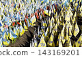 Many small flags of Ukraine with names of the dead war against russia. Memorial of the fallen soldiers, children, women in the center of Kyiv. Concept of tragedy and misfortune. Closeup 143169201