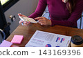 Young woman using calculator while analyzing financial charts at wooden office desk in workspace 143169396