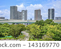 A view of the tower apartment buildings in Shinonome, Tokyo, across Tatsumi no Mori Seaside Park. 143169770