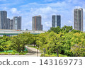 A view of the tower apartment buildings in Shinonome, Tokyo, across Tatsumi no Mori Seaside Park. 143169773