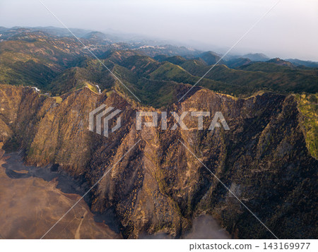 Aerial Sunrise Panorama of Mount Bromo Volcanic Highlands in Indonesia 143169977