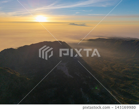Aerial Sunrise Over Mount Bromo Volcanic Landscape Aerial Sunrise Over Mount Bromo Volcanic Landscape 143169980