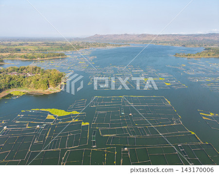 Aerial view of vast aquatic farming grids Aerial view of vast aquatic farming grids 143170006