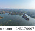 Aerial View of Serene Lake with Floating Fish Farms and Islands 143170007