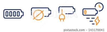 Battery icon set, fast charging, low battery, connect charger, crossed-out battery indicator Battery icon set, fast charging, low battery, connect charger, crossed-out battery indicator 143170041