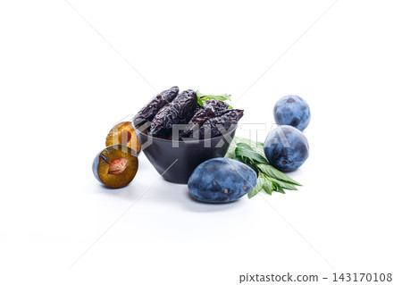 Healthy dried plums and fresh fruit on clean white background 143170108